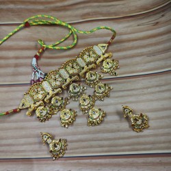 Traditional Rajasthani AD Aad Necklace Set – Gold Plated Bridal Choker with Dangling Stones AAD 002