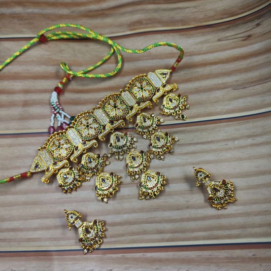 Traditional Rajasthani AD Aad Necklace Set – Gold Plated Bridal Choker with Dangling Stones AAD 002