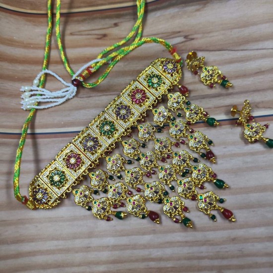 Bridal Gold Ad AAD Necklace Set  Kundan & Multi-Colored Stones with Earrings AAD 008