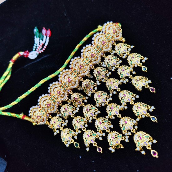 Traditional Gold Plated AD AAD Necklace Choker Set with Earrings | Rajasthani Wedding Jewelry AAD 009