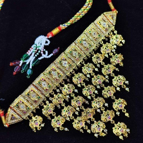 Traditional Rajasthani Aad Gold Necklace Choker Set with Earrings, Kundan Work, for Bridal and Festive wear AAD 010