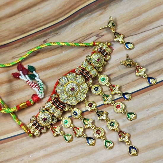 Traditional Indian Bridal Mini AAD Set with Matching Earrings and Gold finish and  Multicolor Gemstones – Unique AD Mini AAD Necklace Design AAD 014