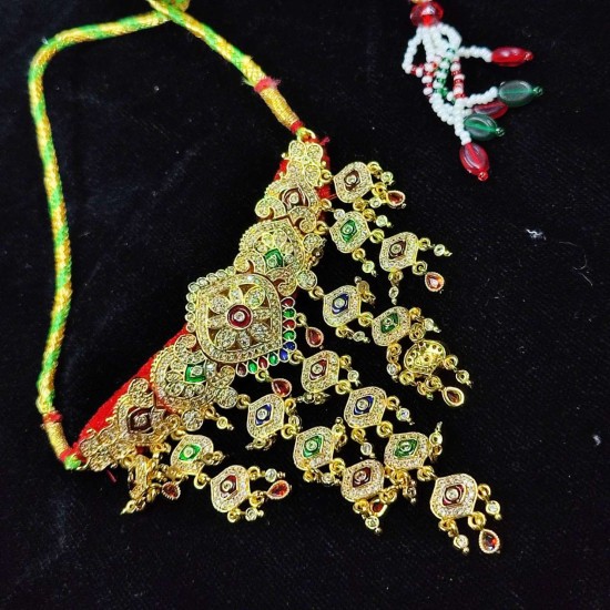 Traditional Bridal Mini AAD Necklace with Gold Finish and Colorful Stones Inspired by Rajasthani jewellery AAD 015