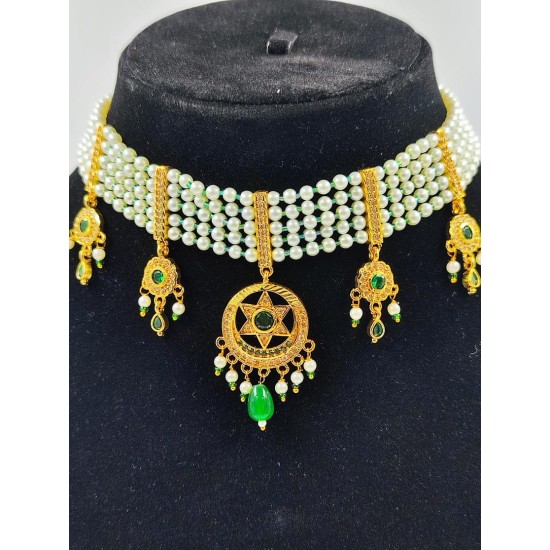 AD Chik set  with earrings 5 pandent star design in green ck-002