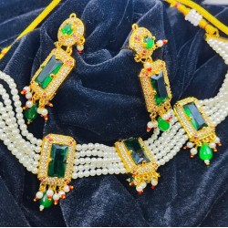 AD Chik set  with earrings 3 pandent square design in green ck-003