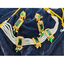 AD Chik set  with earrings 3 pandent square design in green ck-003