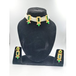 AD Chik set  with earrings 3 pandent square design in green ck-003