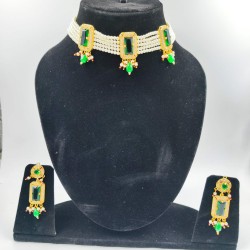 AD Chik set  with earrings 3 pandent square design in green ck-003