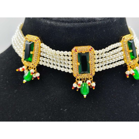 AD Chik set  with earrings 3 pandent square design in green ck-003