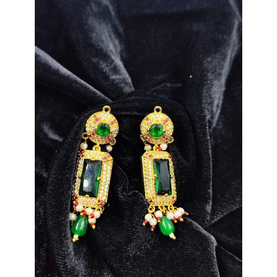 AD Chik set  with earrings 3 pandent square design in green ck-003