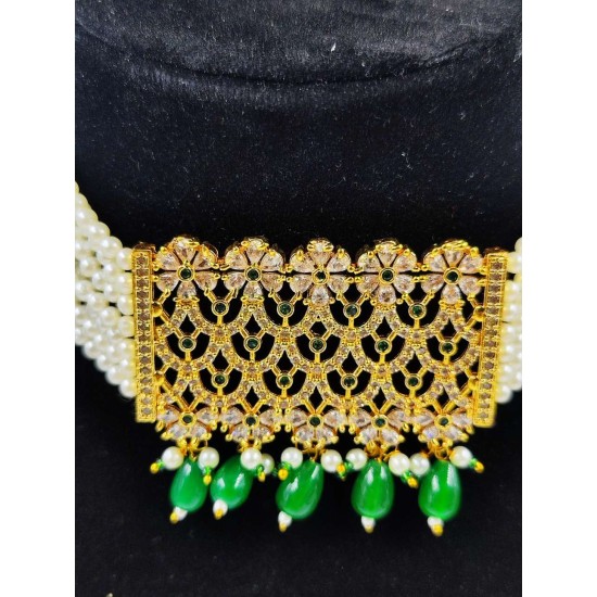 AD Chik set  with earrings big pandent Jali design in green ck-003