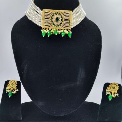 AD Chik set  with earrings big pandent square design in green colour ck-004