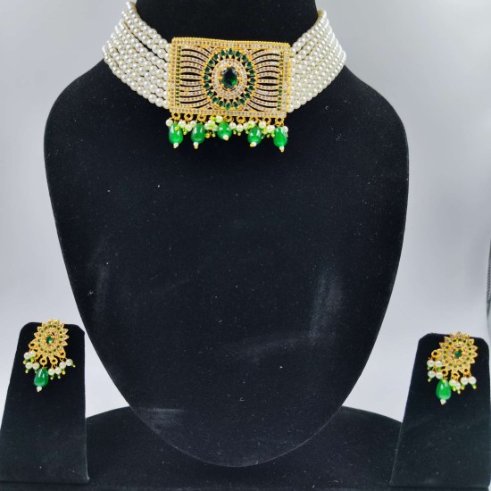 AD Chik set  with earrings big pandent square design in green colour ck-004