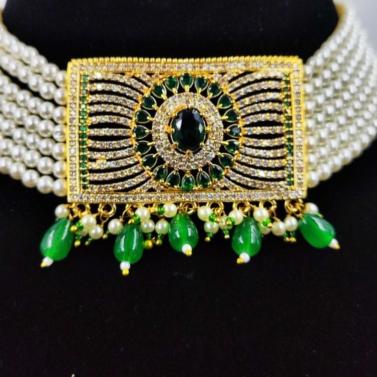 AD Chik set  with earrings big pandent square design in green colour ck-004
