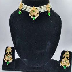 AD Chik set  with earrings 3 pandent water drop design in green ck-005