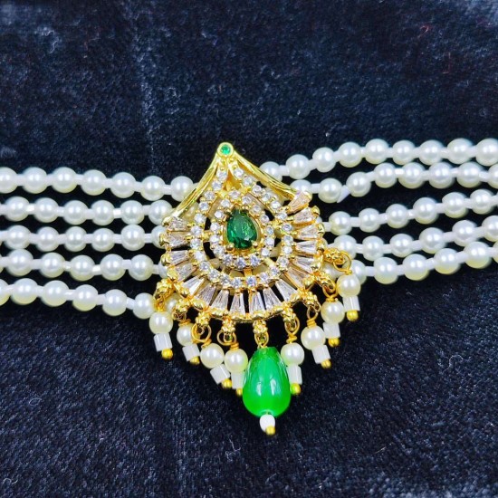 AD Chik set  with earrings 3 pandent water drop design in green ck-005