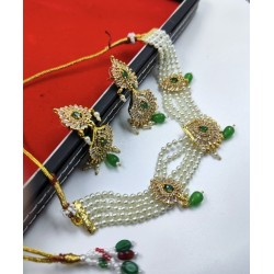 AD Chik set  with earrings 3 pandent water drop design in green ck-005