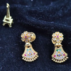 Traditional Ad Mini Earrings With Floral Design Motif In Multi Colour Stones ER016