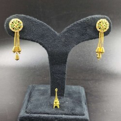 Ad Gold Plated Earrings With 3 Chain Hanging Design In Green Colour ER017