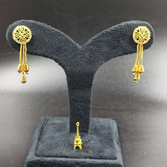Ad Gold Plated Earrings With 3 Chain Hanging Design In Green Colour ER017