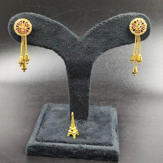 Ad Gold Plated Earrings With 3 Chain Hanging Design In Pink Colour ER018