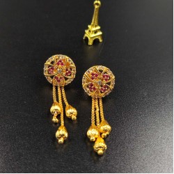 Ad Gold Plated Earrings With 3 Chain Hanging Design In Pink Colour ER018