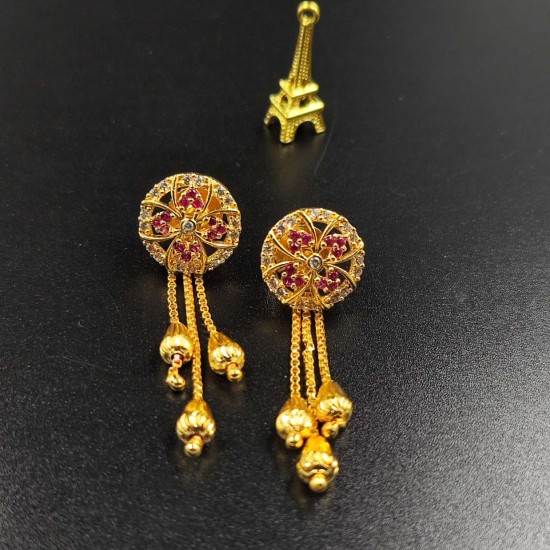 Ad Gold Plated Earrings With 3 Chain Hanging Design In Pink Colour ER018