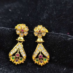 Traditional Ad Mini Earrings With Floral Design And Peacock Motif In Multi Colour Stones ER019