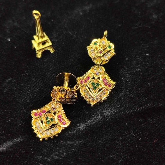 Traditional Ad Mini Earrings With Lotus Design Motif In Multi Colour Stones ER020