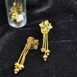 Ad Gold Plated Earrings With 3 Chains Hanging Square Design In Green Colour ER022