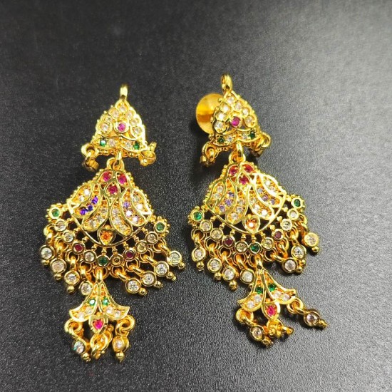 Ad Exquisite Traditional Gold Jhumka Earrings with Colorful Stones Perfect for Bridal and Party Wear ER023