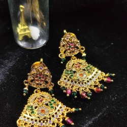 Ad Exquisite Traditional Gold Earrings with Colorful Hanging Beats Perfect for Bridal and Party Wear In Multi Colour ER025
