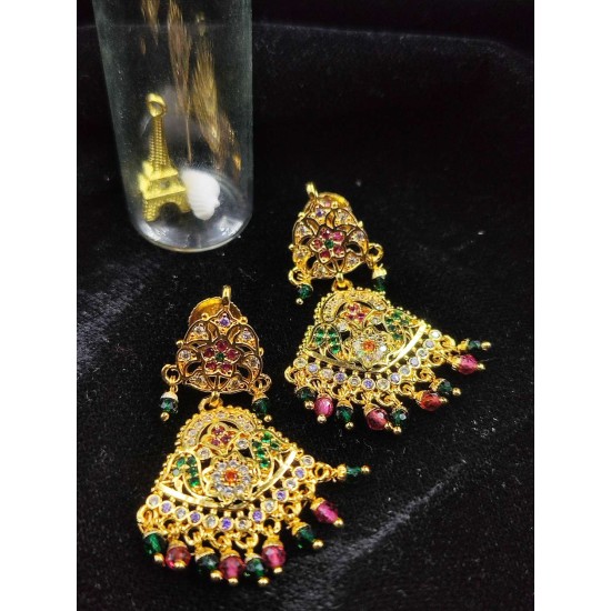 Ad Exquisite Traditional Gold Earrings with Colorful Hanging Beats Perfect for Bridal and Party Wear In Multi Colour ER025