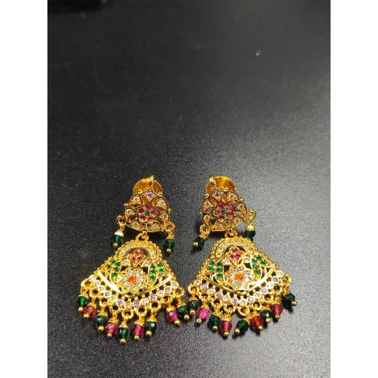 Ad Exquisite Traditional Gold Earrings with Colorful Hanging Beats Perfect for Bridal and Party Wear In Multi Colour ER025