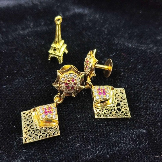 Traditional Ad Mini Earrings With Flower Design and Diamond Pandent Motif In Pink Colour Stones ER030
