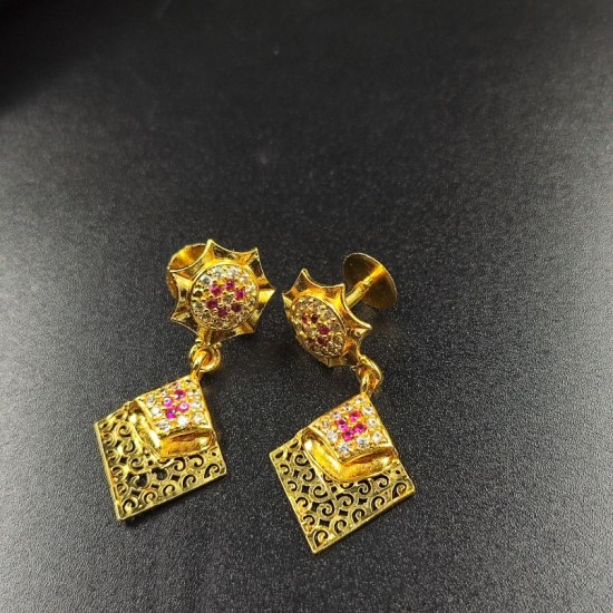 Traditional Ad Mini Earrings With Flower Design and Diamond Pandent Motif In Pink Colour Stones ER030