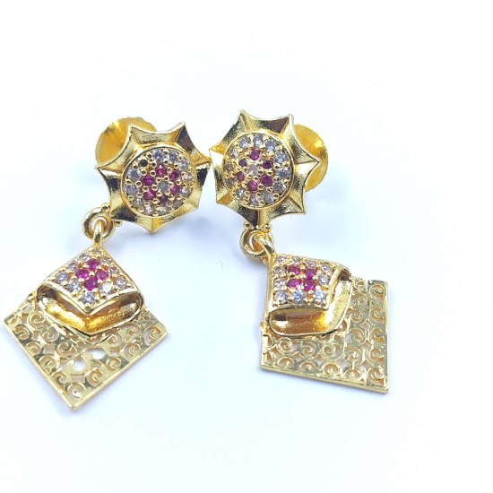 Traditional Ad Mini Earrings With Flower Design and Diamond Pandent Motif In Pink Colour Stones ER030