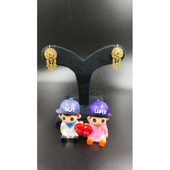 Traditional Ad Mini Earrings With Rose Design Motif with Double Chain Hanging In Multi Colour Stones ER032