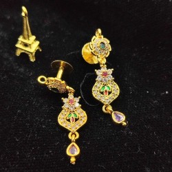 Traditional Ad Mini Earrings Chakr Design Motif with Flower Pandent In Multi Colour Stones ER033