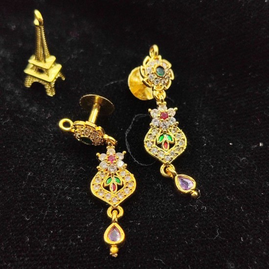 Traditional Ad Mini Earrings Chakr Design Motif with Flower Pandent In Multi Colour Stones ER033