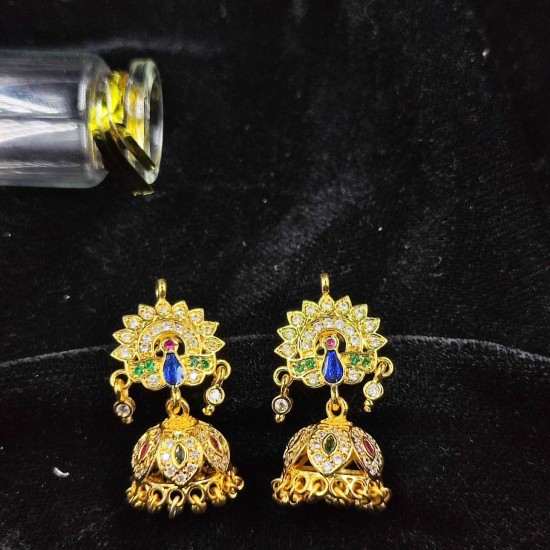Peacock Inspired Ad Jhumka Earrings with Kundan and Gemstone Detailing In Multi Colours ER034