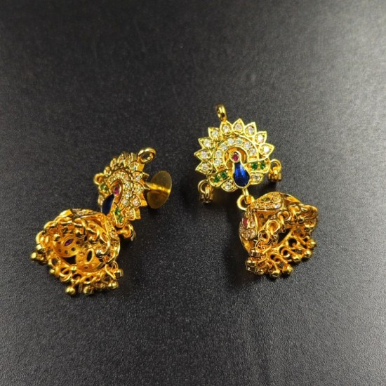 Peacock Inspired Ad Jhumka Earrings with Kundan and Gemstone Detailing In Multi Colours ER034
