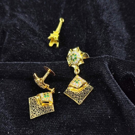 Traditional Ad Mini Earrings With Flower Design and Diamond Pandent Motif In Green Colour Stones ER031