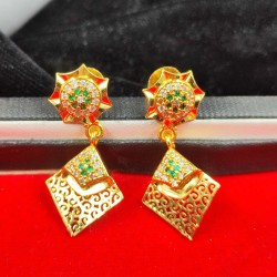 Traditional Ad Mini Earrings With Flower Design and Diamond Pandent Motif In Green Colour Stones ER031