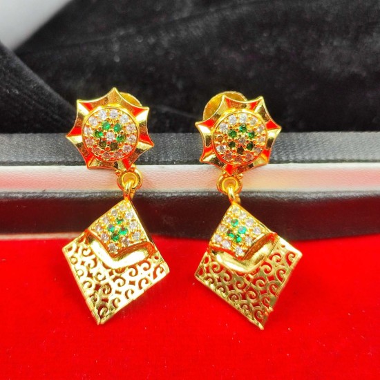 Traditional Ad Mini Earrings With Flower Design and Diamond Pandent Motif In Green Colour Stones ER031