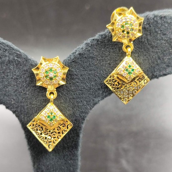 Traditional Ad Mini Earrings With Flower Design and Diamond Pandent Motif In Green Colour Stones ER031