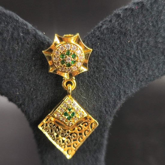 Traditional Ad Mini Earrings With Flower Design and Diamond Pandent Motif In Green Colour Stones ER031