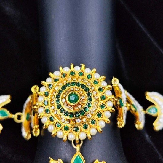 Hastfool 2ps Ring Braslet flower with half moon chain design in green colour HF-007