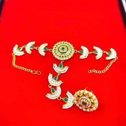 Hastfool 2ps Ring Braslet flower with half moon chain design in green colour HF-007