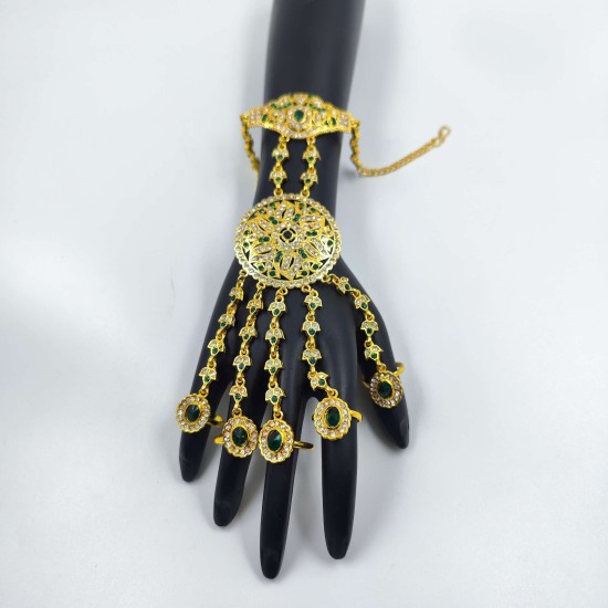 Hastfool 2ps Ring Braslet 5 finger flower design in green colour HF-009